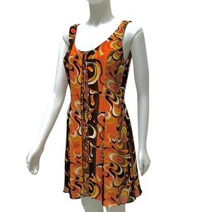 Vintage Psychedelic Orange Mini Sundress Wimsygoth Fairy Fit & Flair Artsy‎ 90's